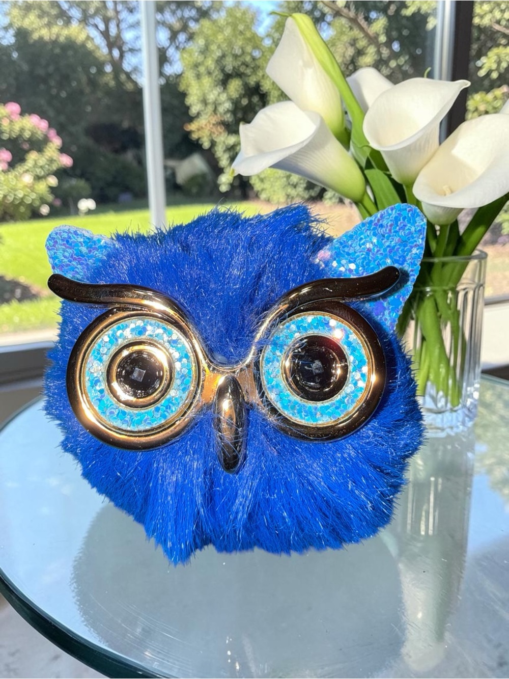 Blue Furry Owl Keychain Charm with Sparkle Details